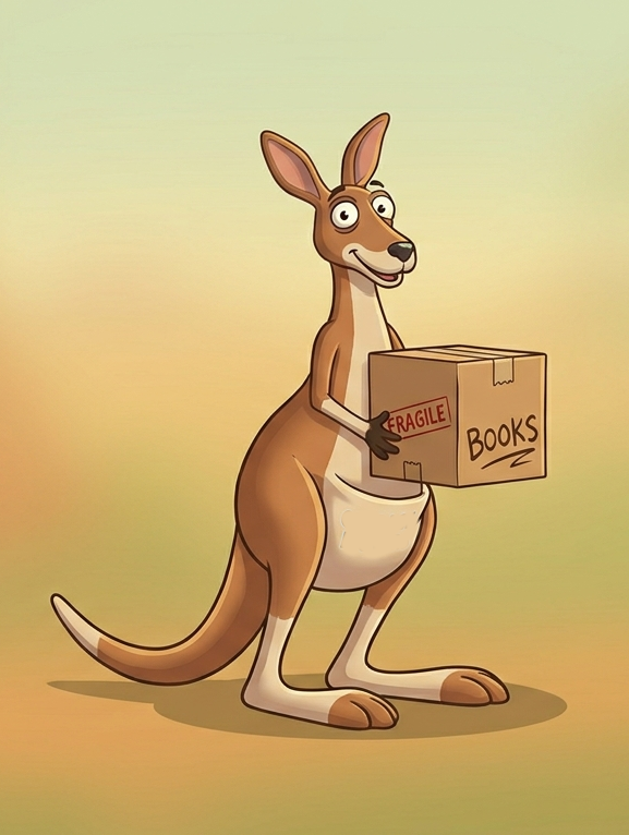 Cartoon kangaroo carrying a moving box in its pouch